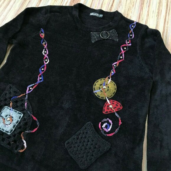 Moffi Black Chenille Sweater Embellished with Applique & Crochet Detail Vintage - Picture 2 of 6